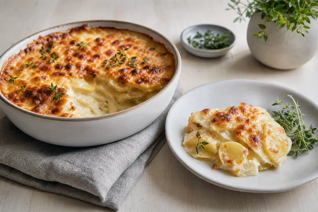 Gyllene potatisgratäng med gratinerad ostyta i en rund form, en portion urtagen så att potatisskivorna syns