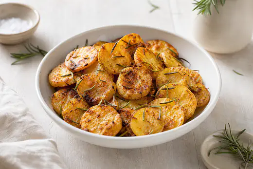 Gyllene rostade potatisskivor med paprikakrydda och rosmarin i en vit skål