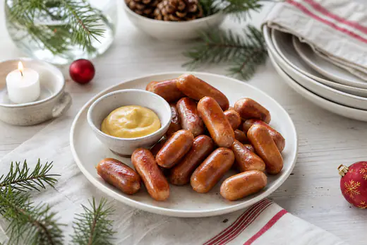 Små bruna prinskorvar med gyllene yta på ett fat med senap bredvid, serverade som julbordsrätt