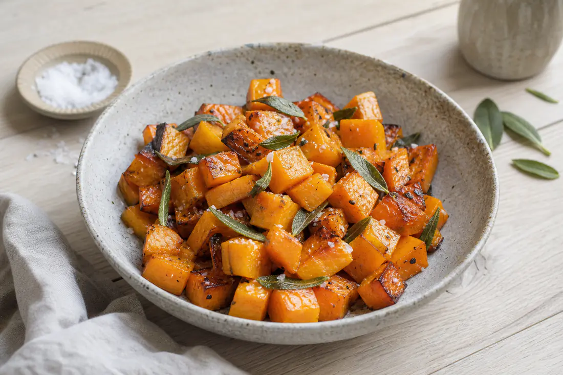 Rostade tärningar av butternutpumpa med salvia och flingsalt i en skål