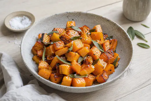 Rostade tärningar av butternutpumpa med salvia och flingsalt i en skål