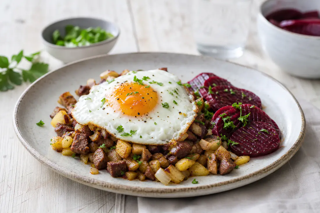 Gyllene pyttipanna med potatis, lök och köttärningar på en tallrik med stekt ägg och inlagda rödbetsskivor