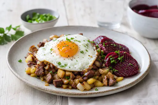 Gyllene pyttipanna med potatis, lök och köttärningar på en tallrik med stekt ägg och inlagda rödbetsskivor