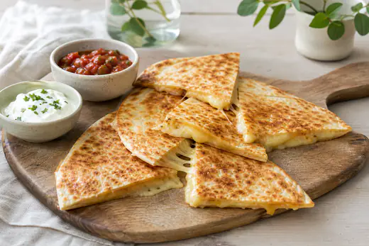 Gyllene halvmåneformad quesadilla skuren i trianglar med utdragen smält ost, med salsa och gräddfil bredvid