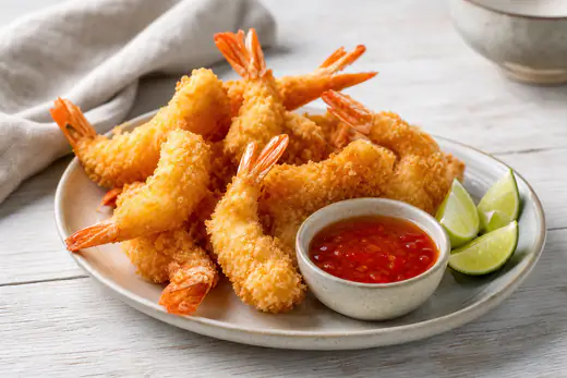 Gyllene pankopanerade räkor på ett fat med en skål sweet chilisås och limeklyftor