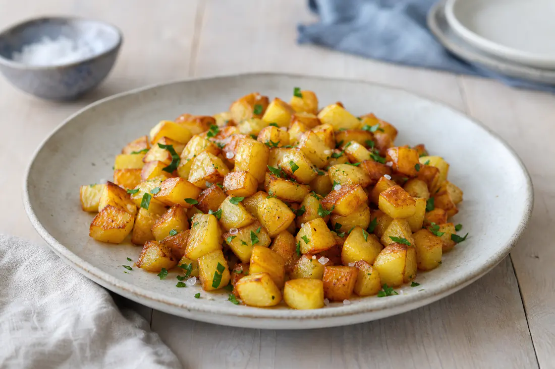 Gyllene råstekt potatis i tärningar med persilja och flingsalt på en tallrik