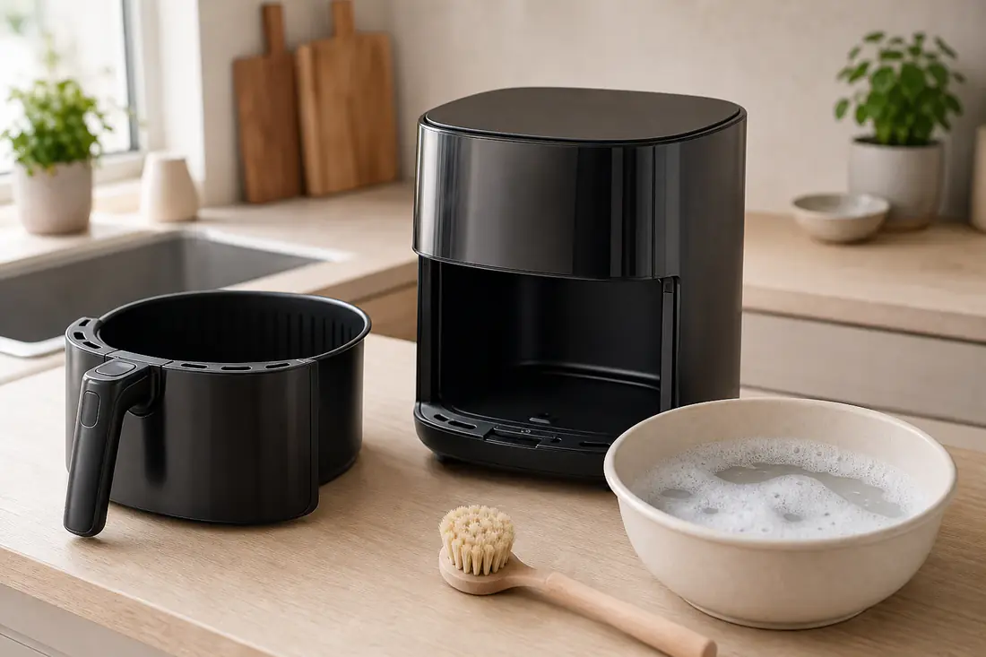 Airfryer med uttagen korg bredvid en balja med diskvatten och en mjuk diskborste