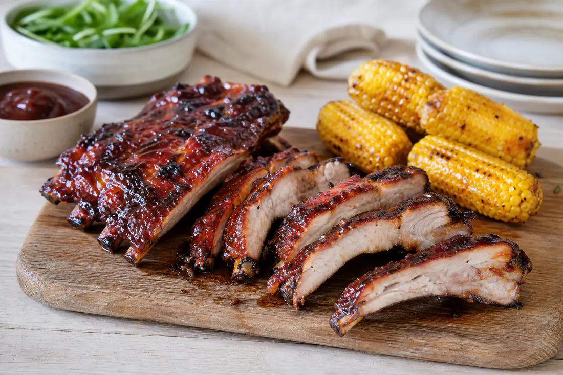 Glaserade tjocka revbensspjäll med blank barbecuesås på en skärbräda, uppskurna mellan benen och serverade med majskolvar