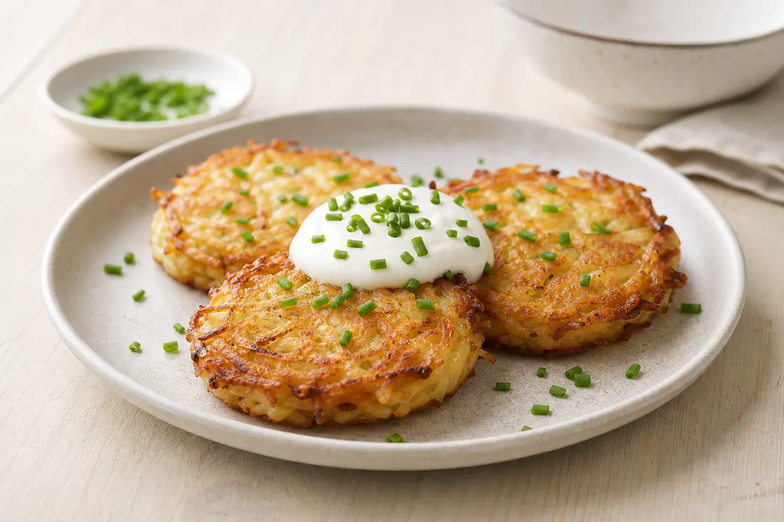 Tre gyllene och krispiga rösti på en tallrik med en klick gräddfil och gräslök