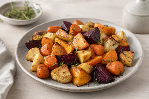 Ugnsstekta rotfrukter i bitar, morot, palsternacka, rödbeta och sötpotatis, med gyllene kanter och timjan på en tallrik
