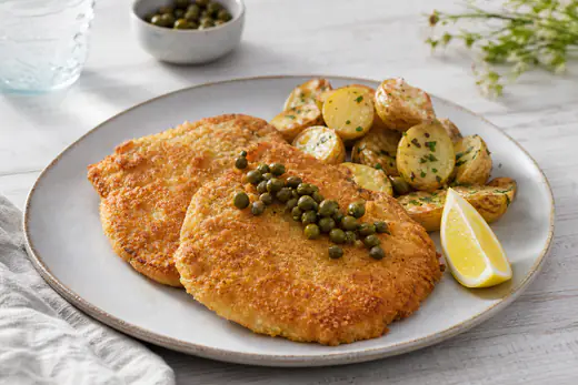 Två gyllene panerade fläskschnitzlar på en tallrik med citronklyfta, kapris och stekt potatis