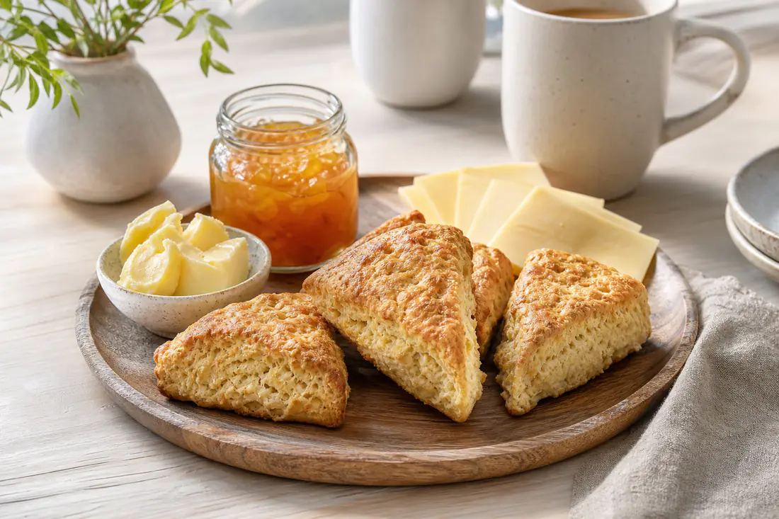 Nybakade gyllene scones med smör, ost och marmelad på en träbricka