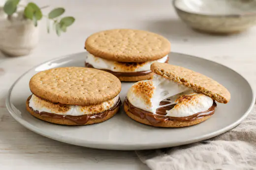 Tre s'mores med smält mjölkchoklad och gyllene rostad marshmallow mellan digestivekex på en tallrik