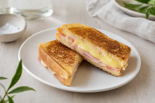 Gyllene toast med skinka och smält ost skuren i trianglar på en tallrik