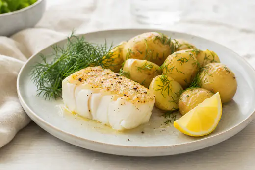 Saftig torskrygg med gyllene yta på en tallrik med kokt potatis, citron och dill