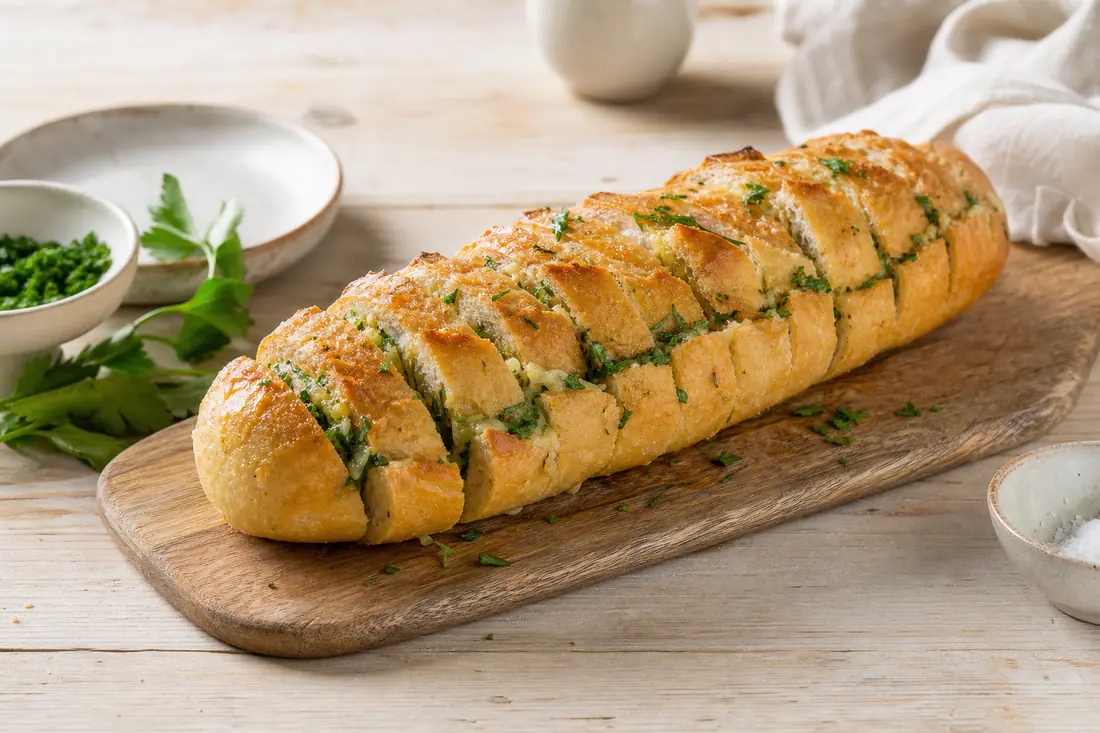 Gyllene vitlöksbröd på baguette med smält vitlökssmör och persilja på en skärbräda