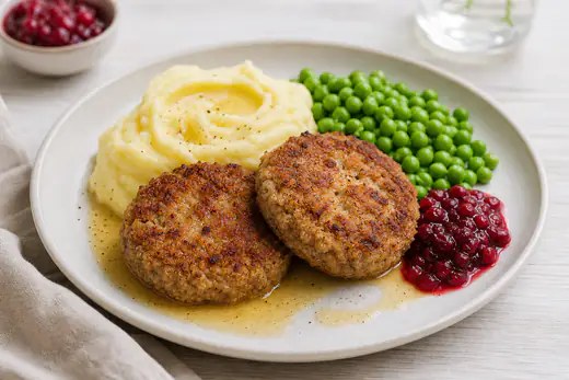 Två ljust gyllene panerade wallenbergare med potatismos, gröna ärtor, lingon och brynt smör på en vit tallrik
