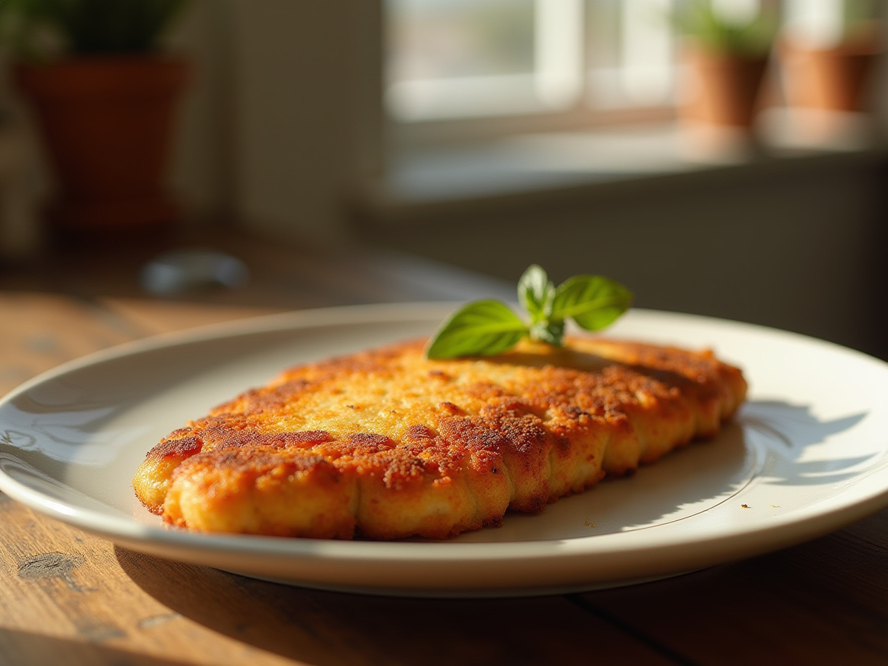 Schnitzel i airfryer serverad med citron och potatis.