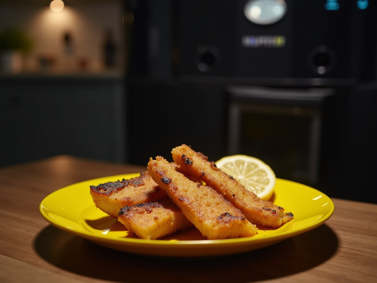 Torsk i airfryer serverad med citron och grönsaker.